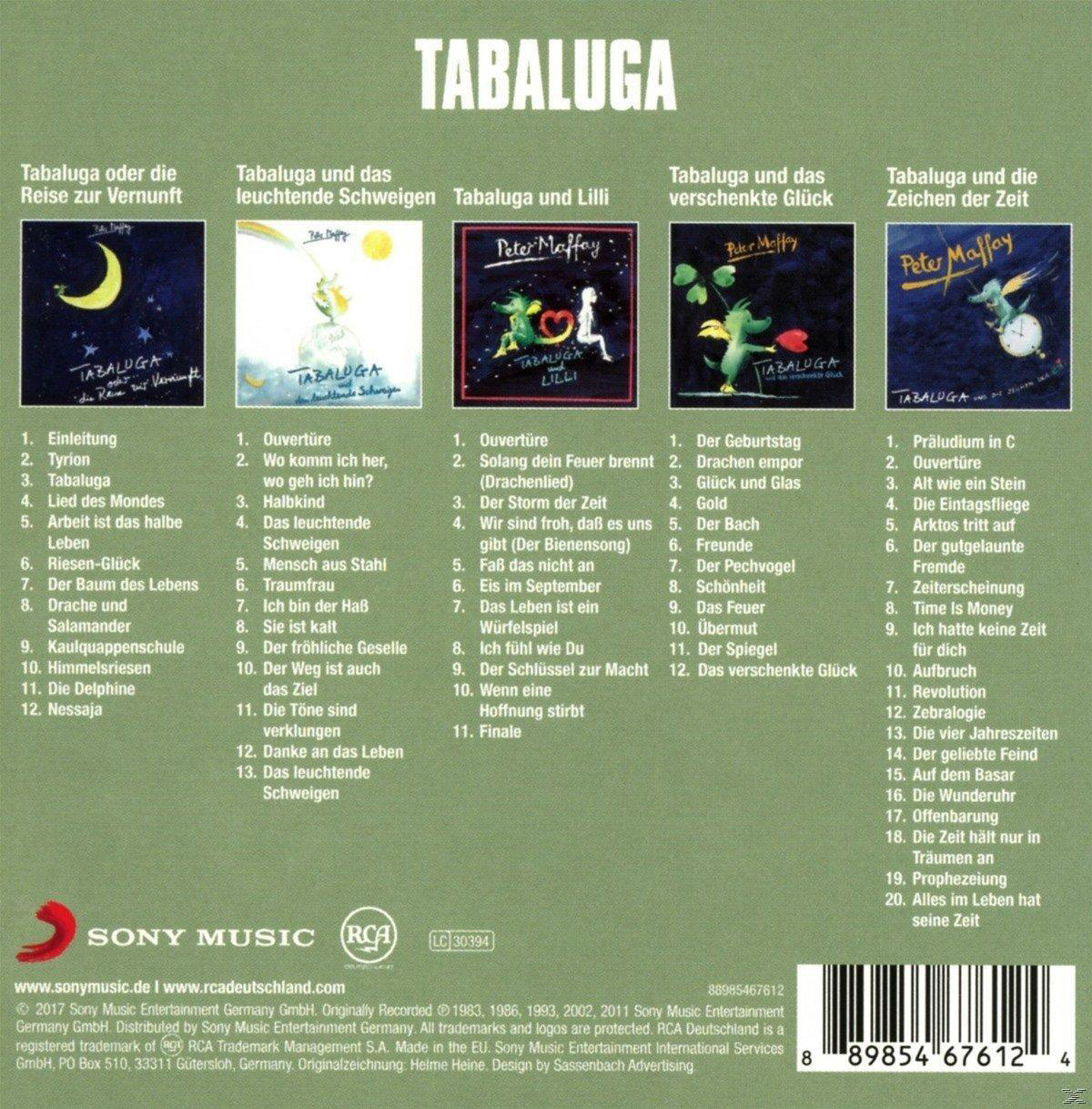 Albumcover von "Tabaluga" mit verschiedenen Titeln. Weißer Hintergrund mit Sony-Logo.