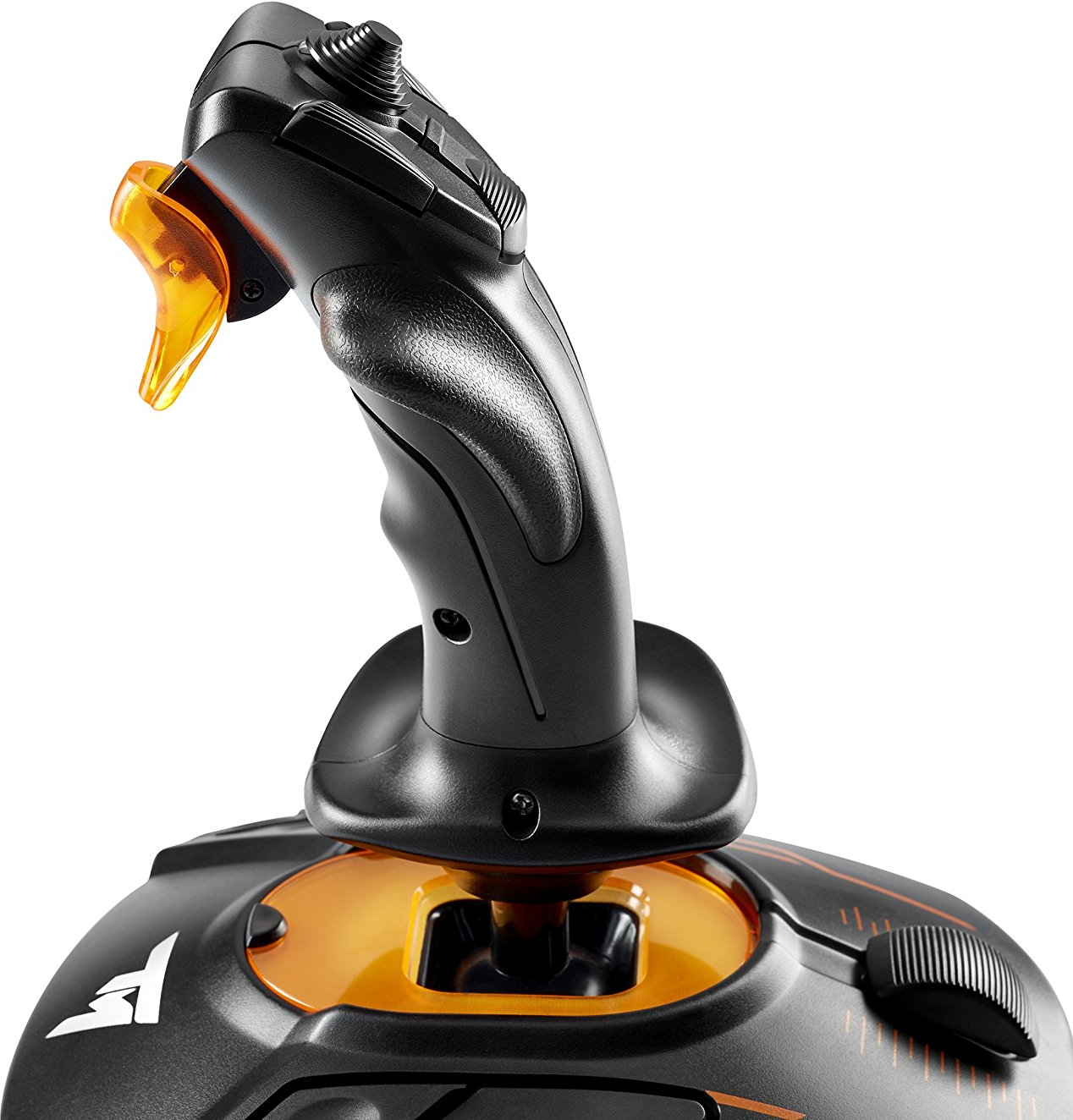 Ein schwarzer Flug-Joystick mit orangefarbenem Auslöser.