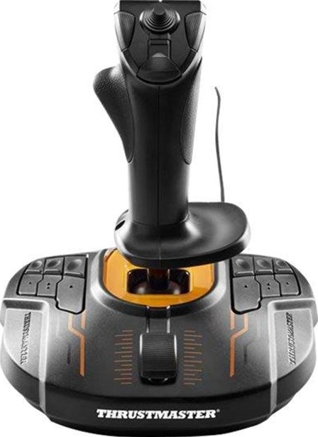 Ein schwarz-oranger Gaming-Joystick-Controller. Es hat mehrere Tasten und eine Basis.
