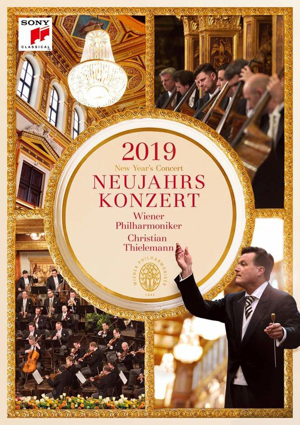 2019 Neujahrskonzert-Poster: Collage von Aufführungsbildern, Dirigent und Orchester.