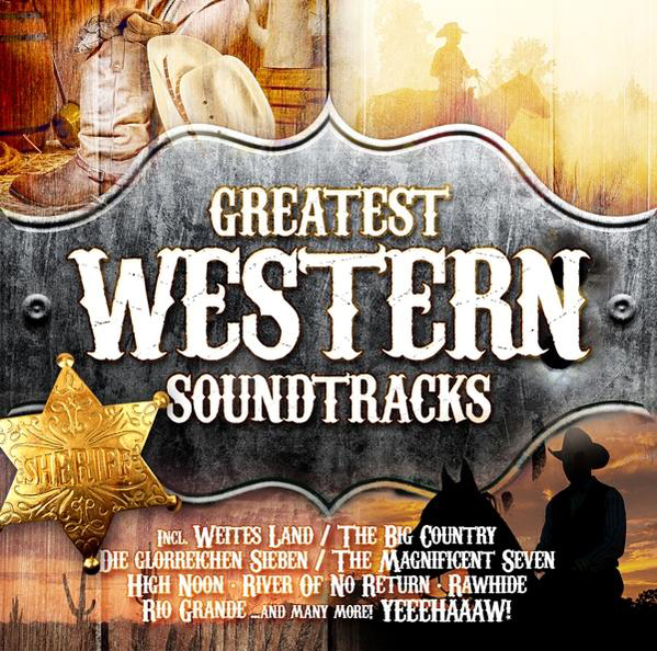 Greatest Western Soundtracks CD-Cover. Cowboy-Design mit Text und Sheriff-Abzeichen.