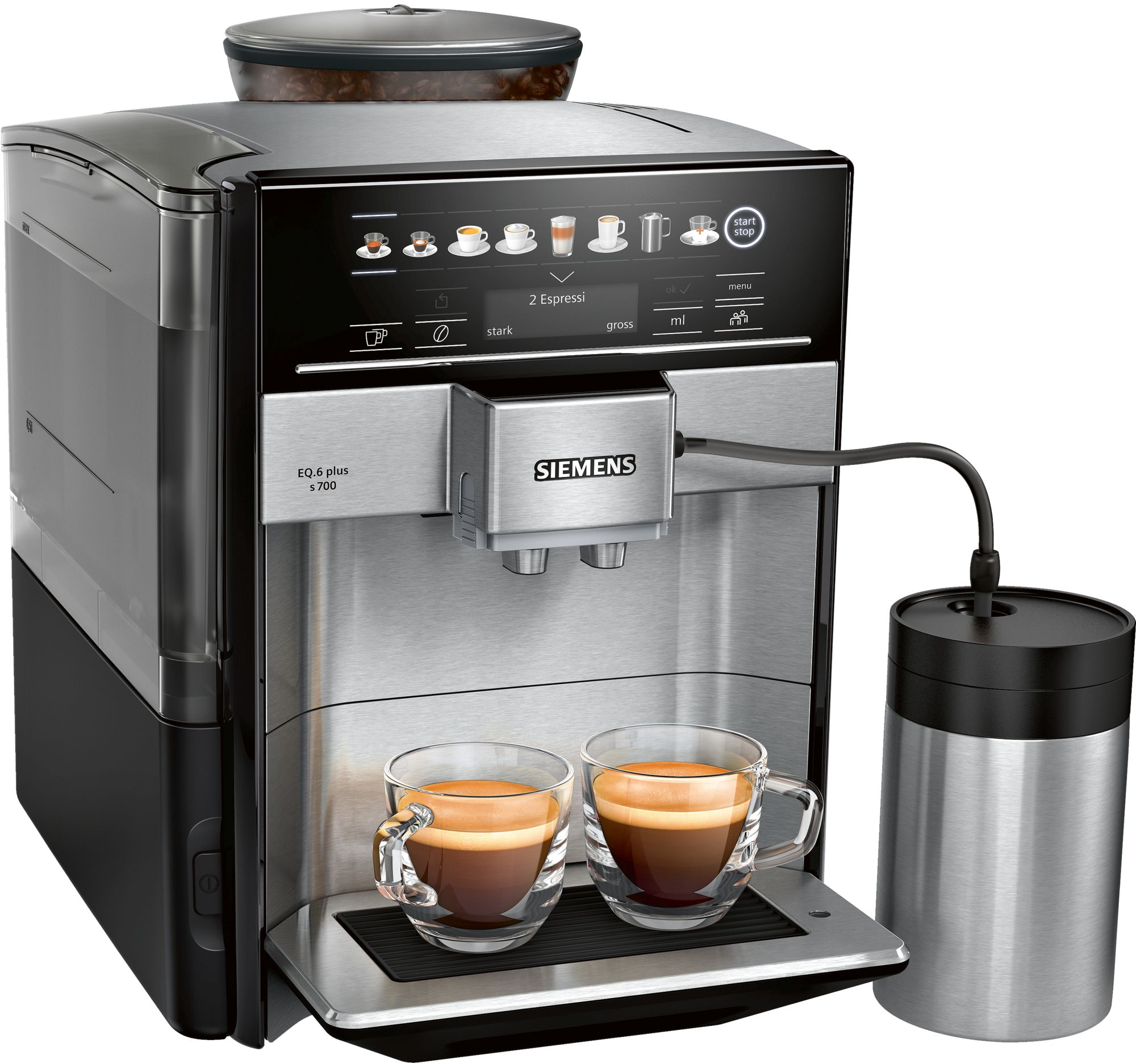 Silber-schwarze Espressomaschine mit zwei Glasbechern Kaffee, einem Milchbehälter und einem Bohnenbehälter.