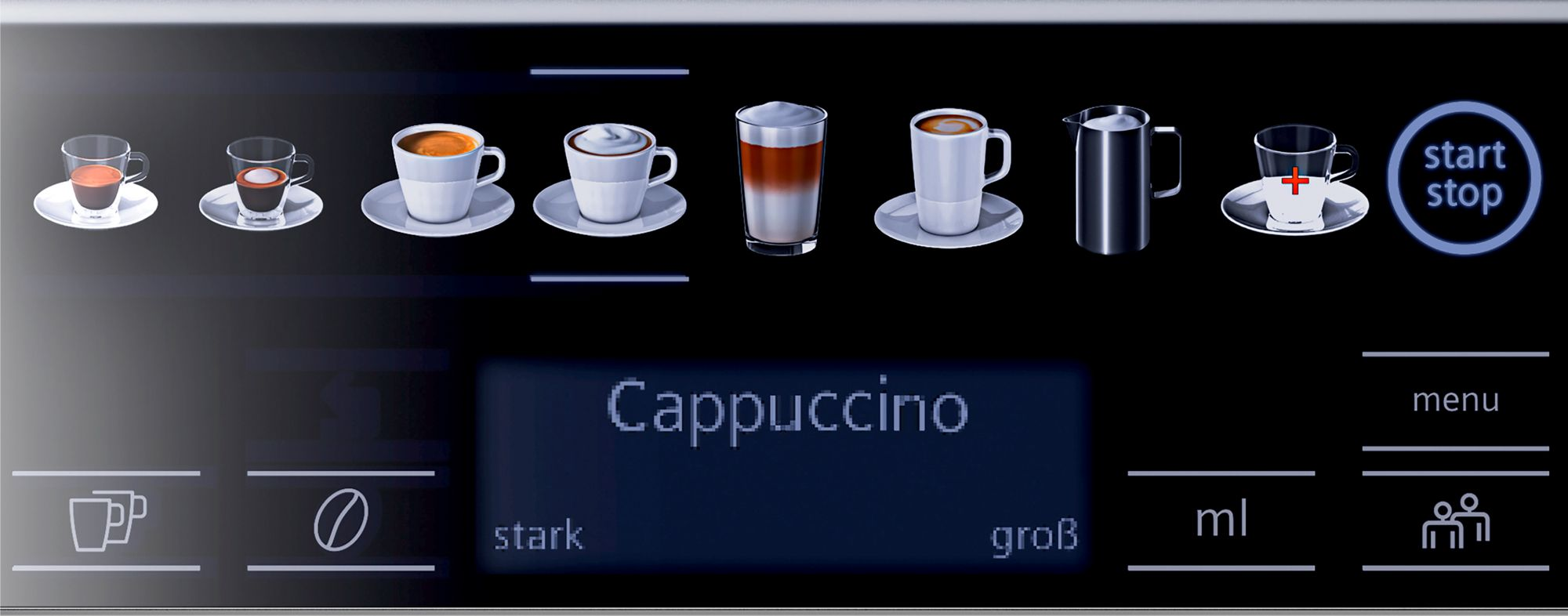 Bedienfeld der Kaffeemaschine. Zeigt Cappuccino und verschiedene Kaffeeoptionen an. Start/Stop-Taste rechts.
