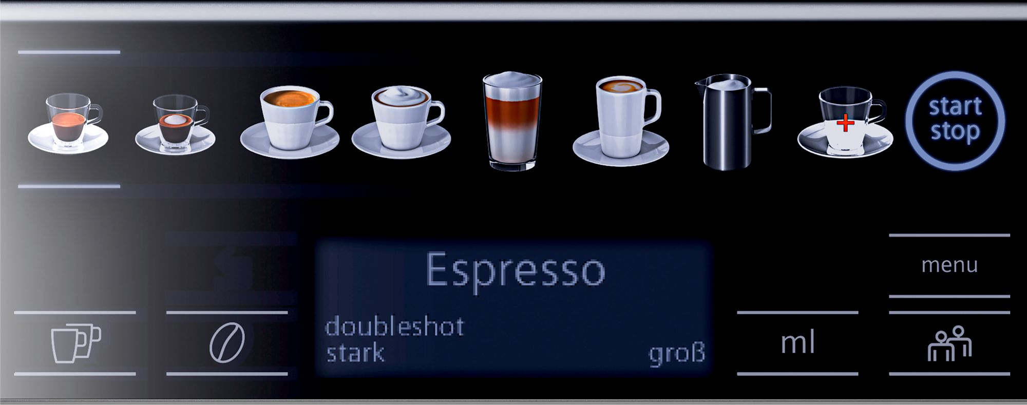 Ein Bedienfeld einer Kaffeemaschine mit verschiedenen angezeigten Optionen.