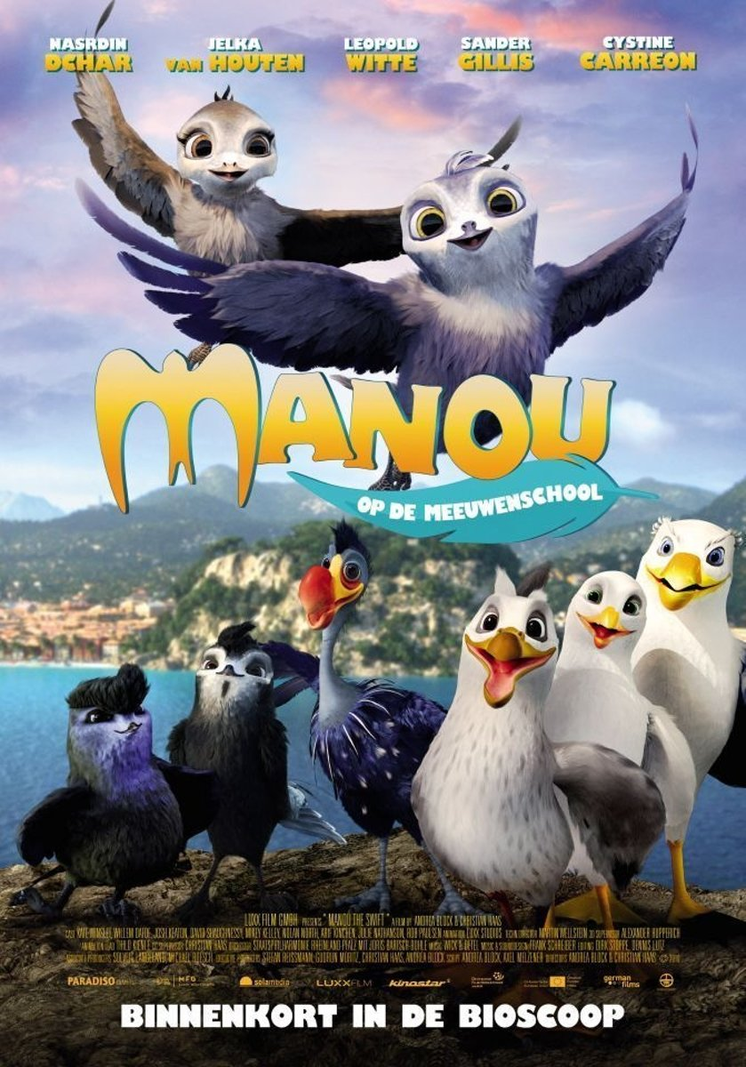 Filmposter van een animatiefilm met geanimeerde vogels, een berglandschap en titeltekst.