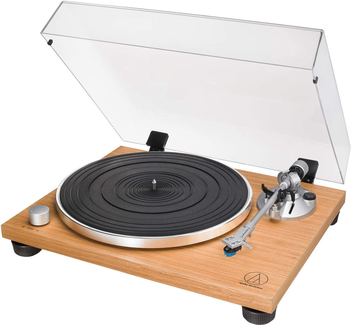 Platenspeler met houten basis, zwart plateau, transparante afdekking en zilveren arm.
