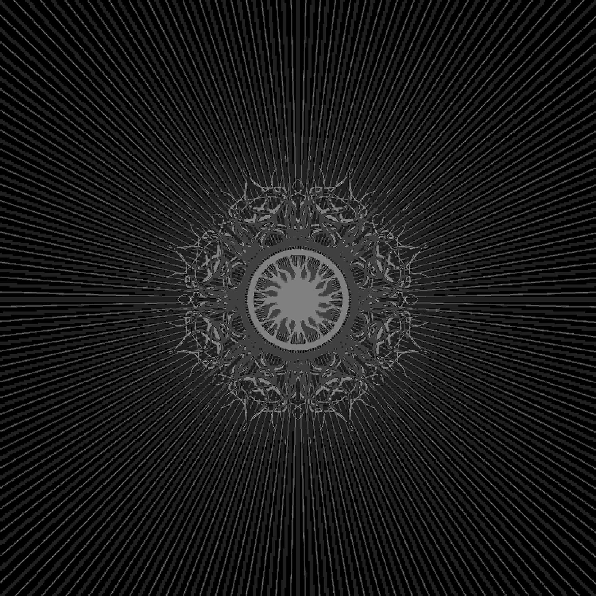 Ein radiales Design mit einem Mittelkreis und nach außen gerichteten Linien, alles in Schwarz und Grau.