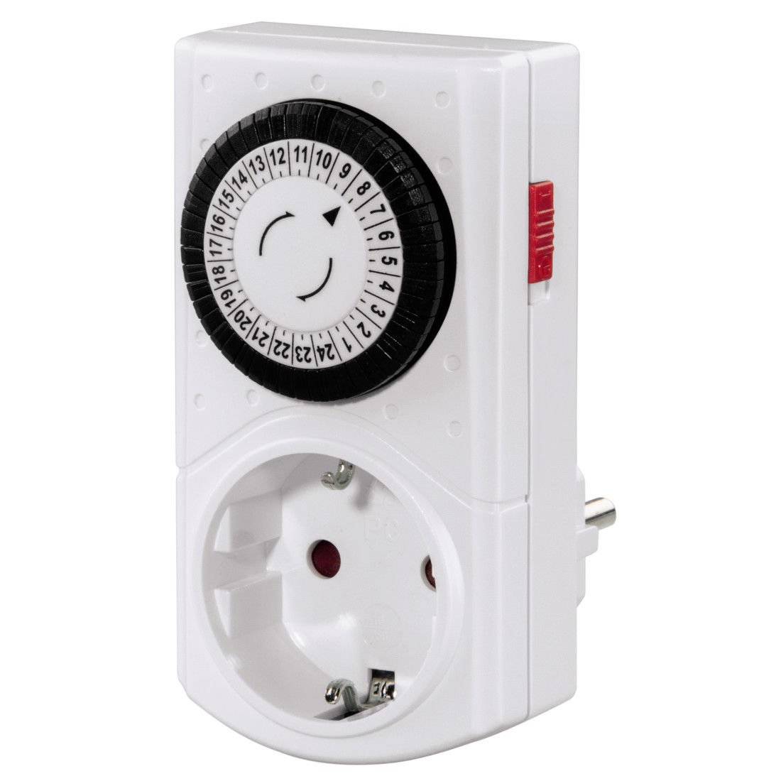 White timer with black dial and red switch, with a plug socket.
