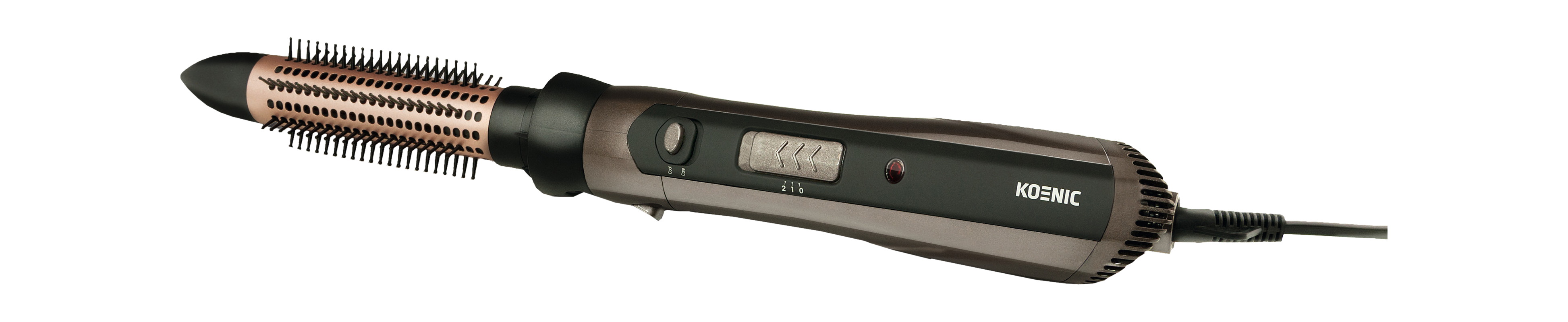 Haarstyling-Werkzeug. Es ist grau und bronze mit schwarzem Griff und langem Kabel.