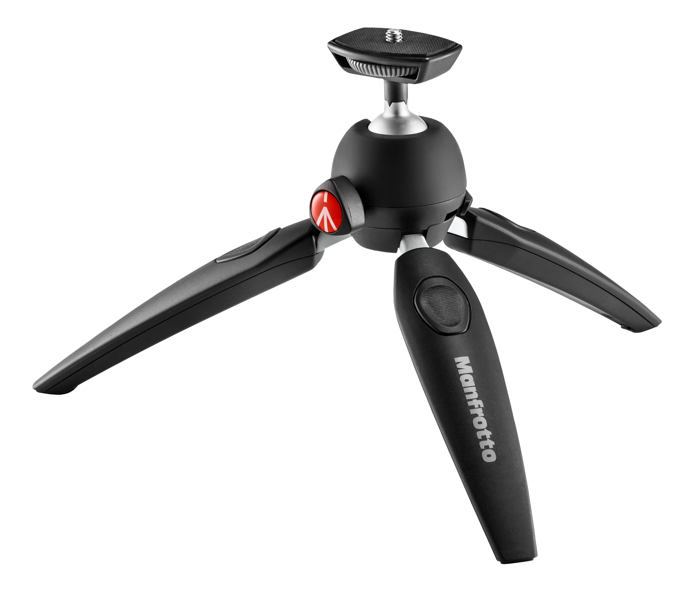 Mini treppiede Manfrotto nero con dettagli rossi e tre gambe.