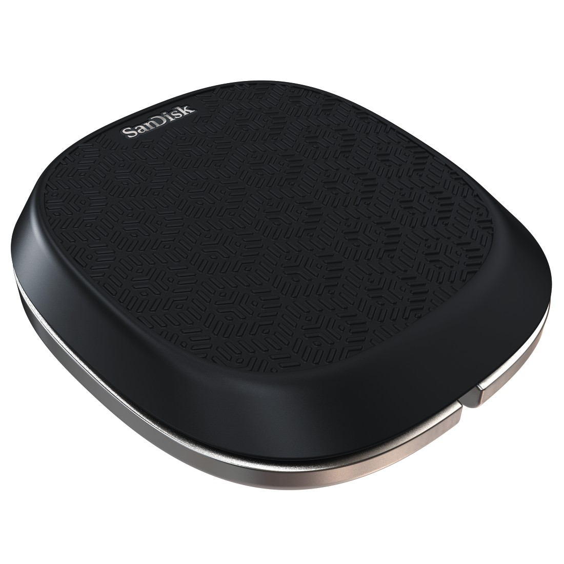 Black SanDisk wireless charger. It is round with a textured surface and a silver border.