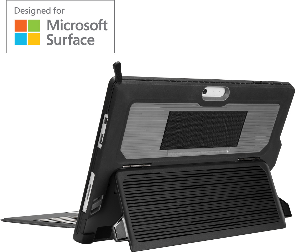 Ein schwarzes Tablet mit angeschlossener Tastatur, aufgestellt, mit einem Microsoft Surface-Logo oben.