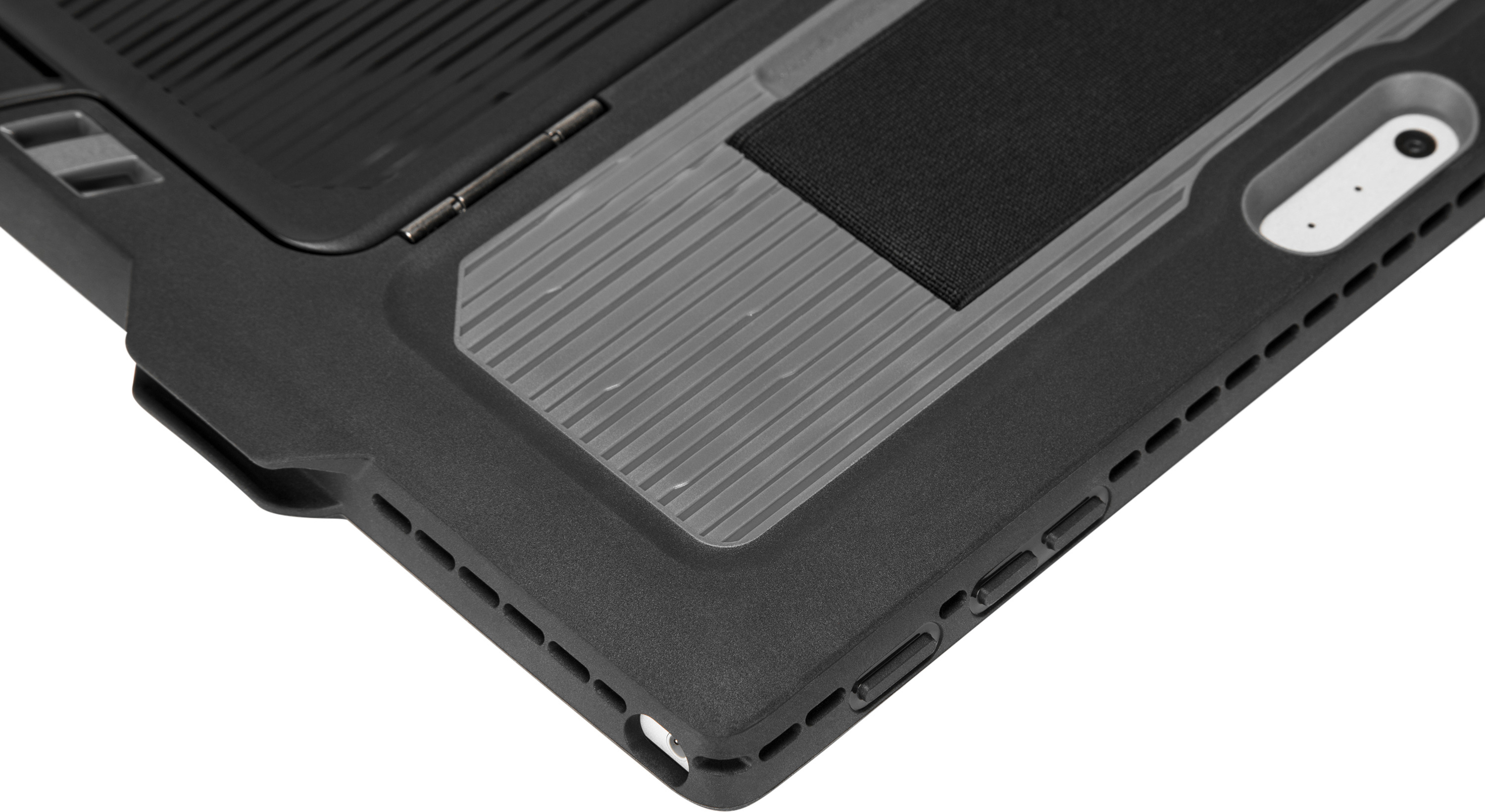 Nahaufnahme einer schwarzen und grauen Laptop-Hülle mit strukturierter Oberfläche und Riemen.