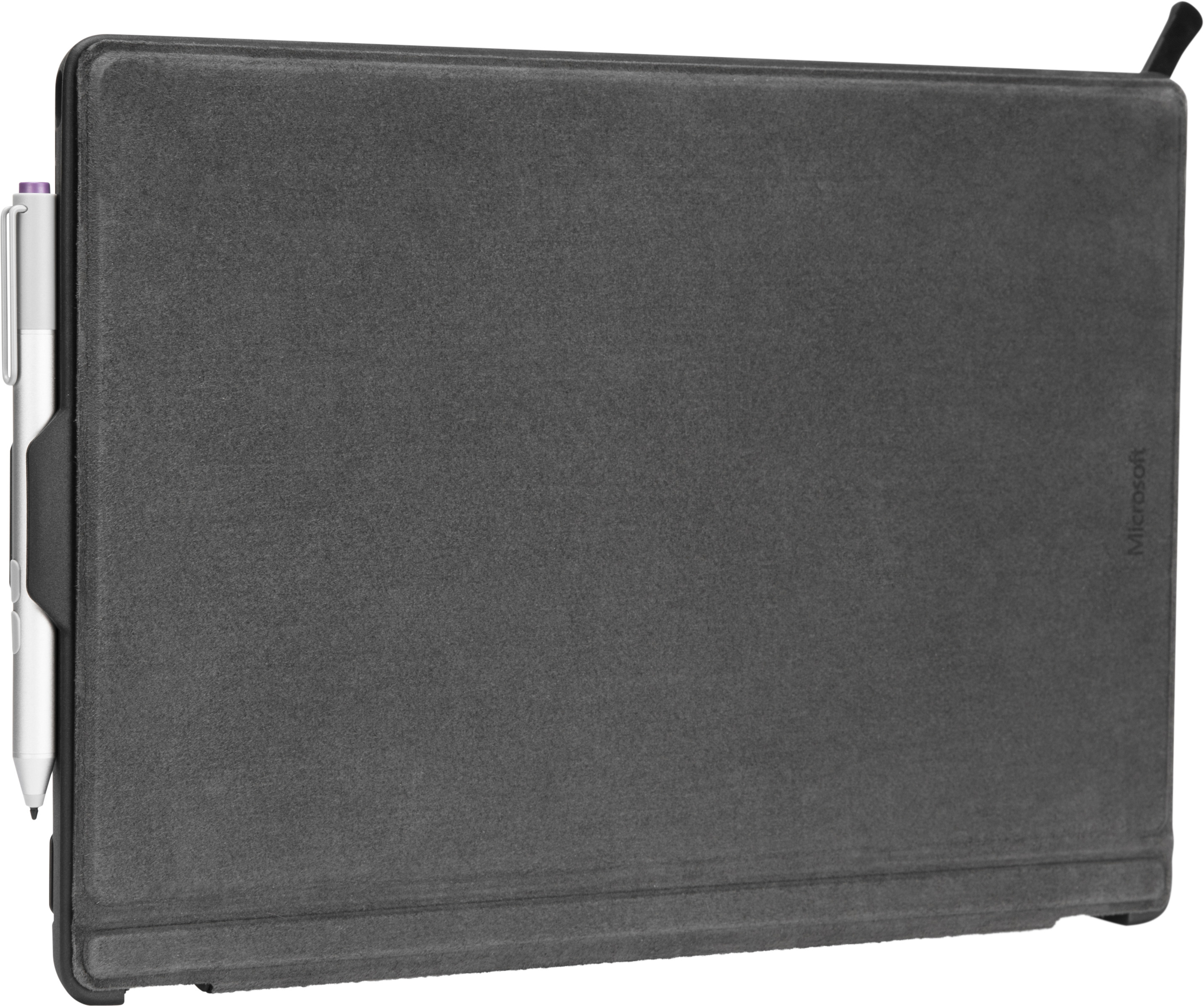 Eine graue Tablettasche mit einem weißen Stift an der Seite.