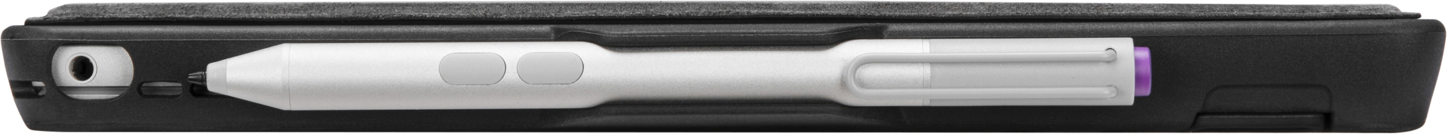 Ein schwarzes Gerät mit einem weißen Stift und zwei Knöpfen in einem Schlitz.