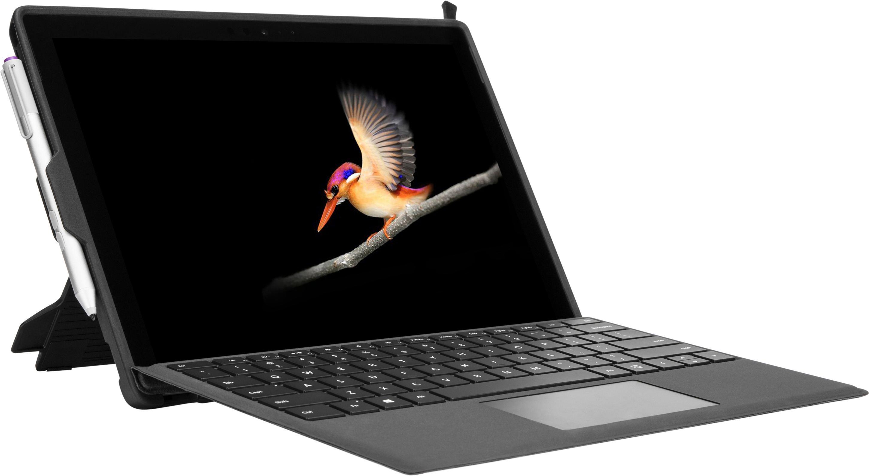 Ein schwarzes Tablet mit einem Bildschirm, der einen Vogel auf einem Ast zeigt, und einem Stift an der Seite.
