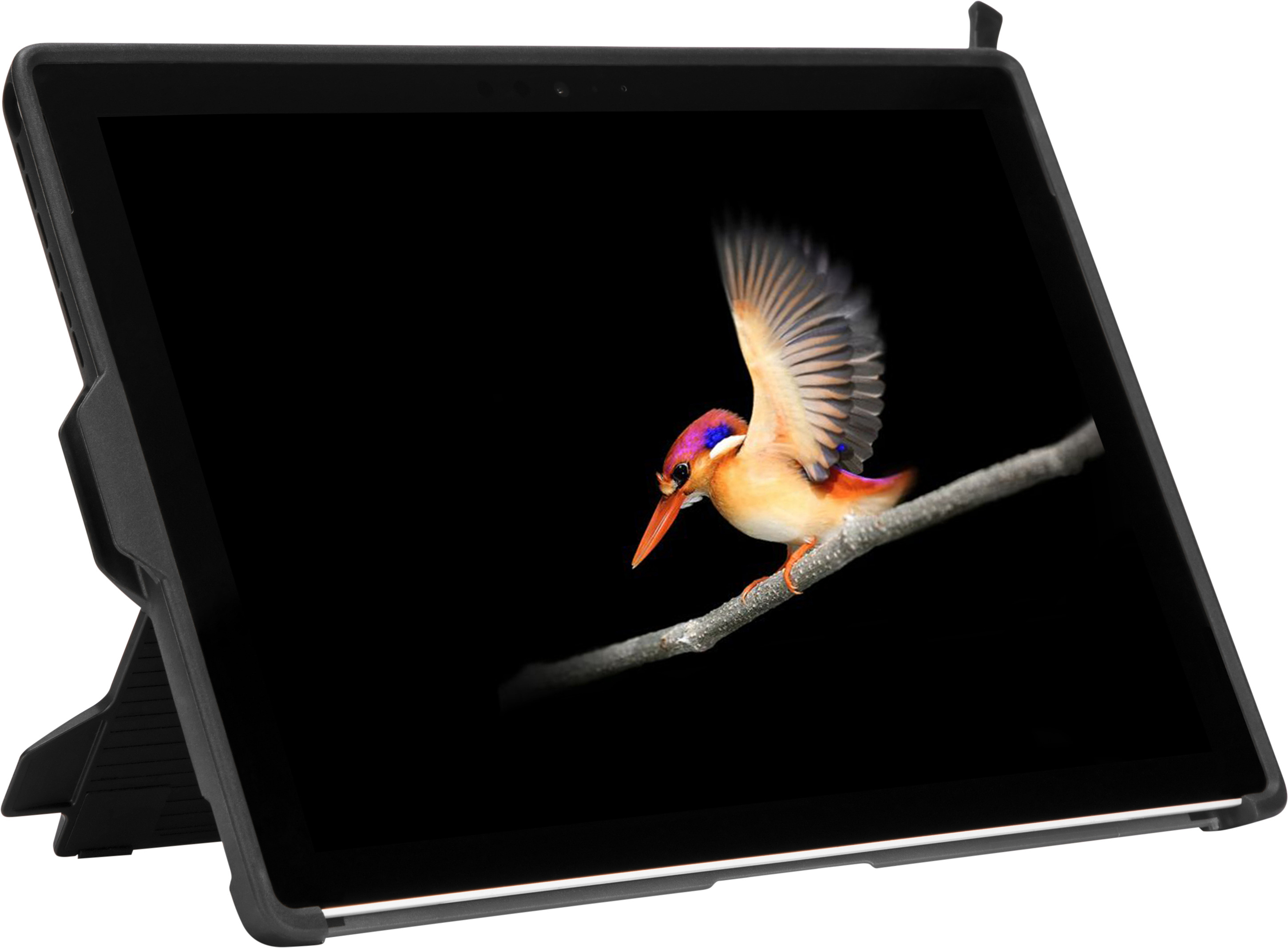 Tabletbildschirm mit Vogelbild, montiert in schwarzem Gehäuse auf weißem Hintergrund.
