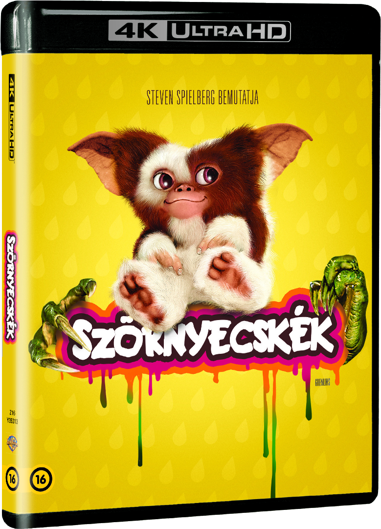 A 'Szörnyecskék' filmborítója, 4K Ultra HD Blu-ray. Egy Gremlin karakterrel sárga háttérrel.