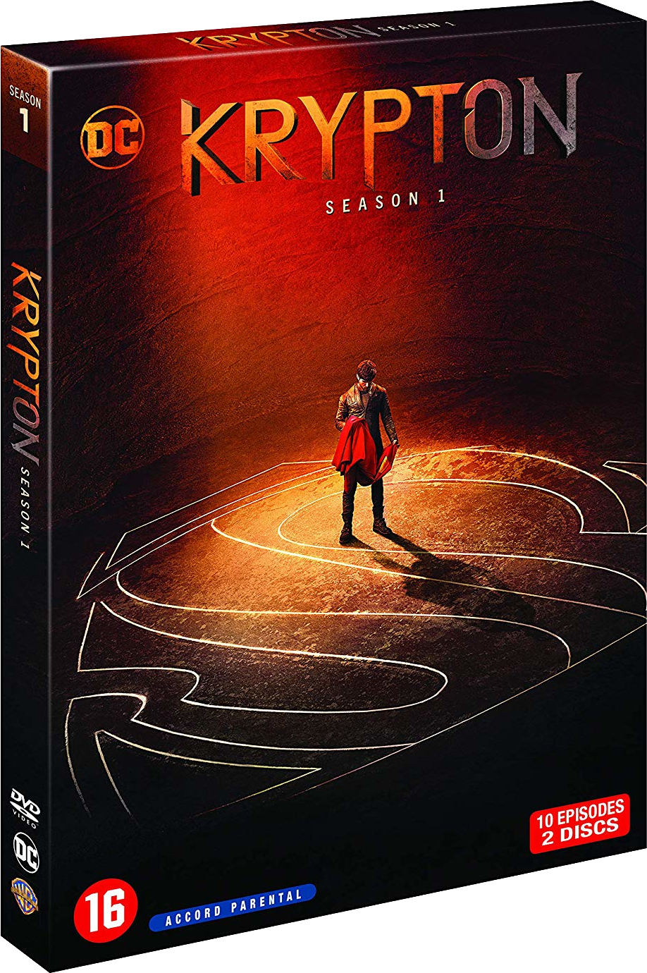 DVD boxset, Krypton seizoen 1, met personage in rode en zwarte kleding.