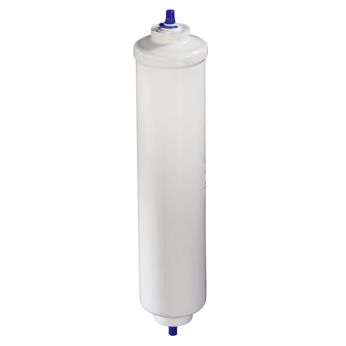 White cylindrical water filter with blue connections.