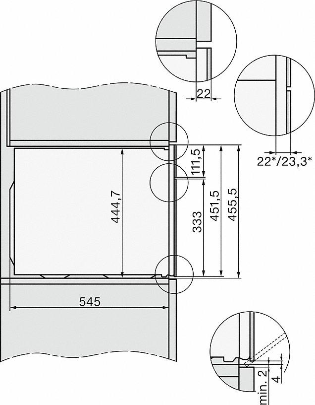 Technische Zeichnung mit Maßen: 545, 444,7, 333, 451,5, 455,5 und 111,5. Details: 22, 22*/23,3* und min. 2, 4.
