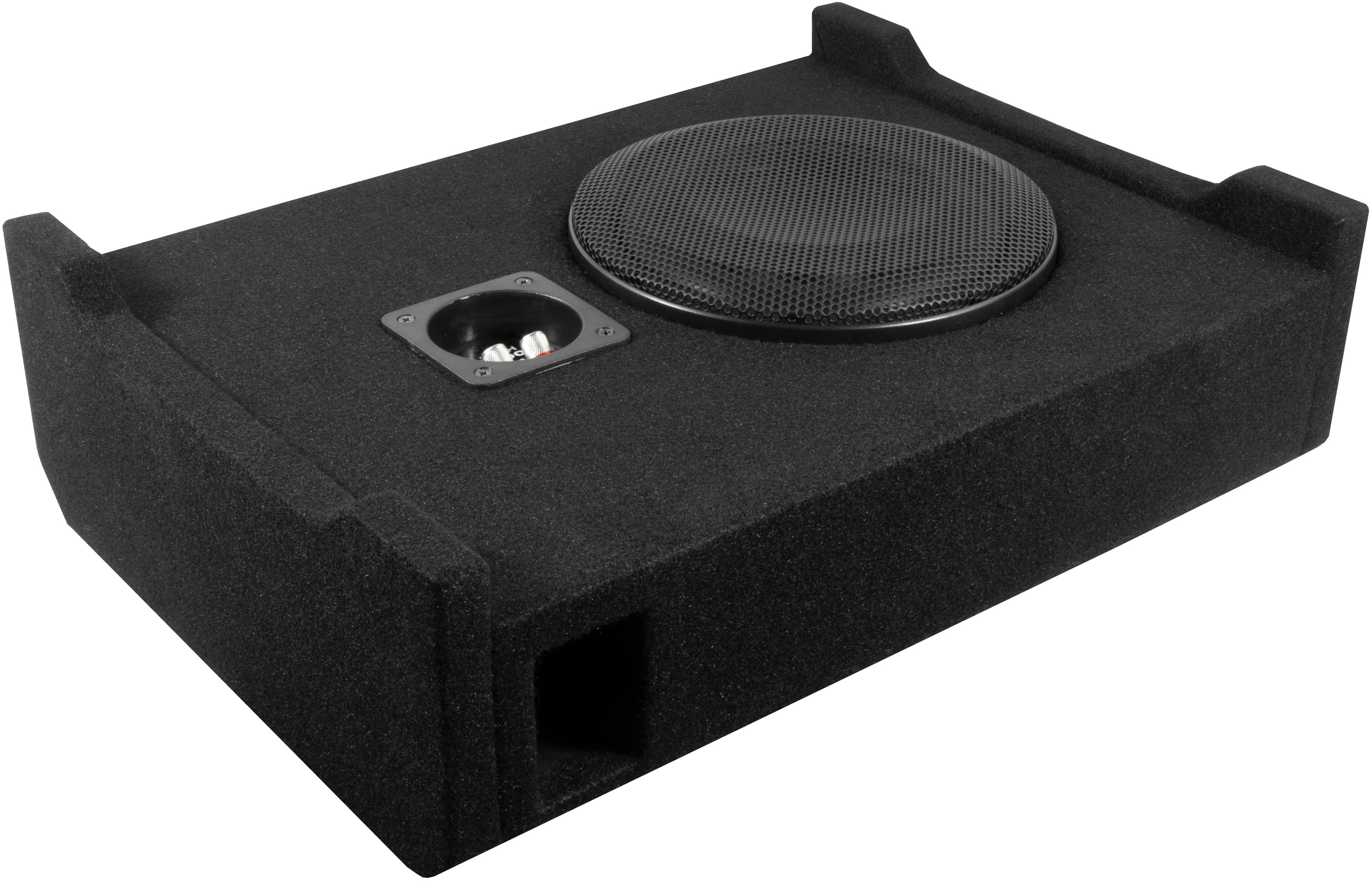Schwarze Subwoofer-Box mit Lautsprecher und Anschluss. Der Lautsprecher ist mit Netz bedeckt.