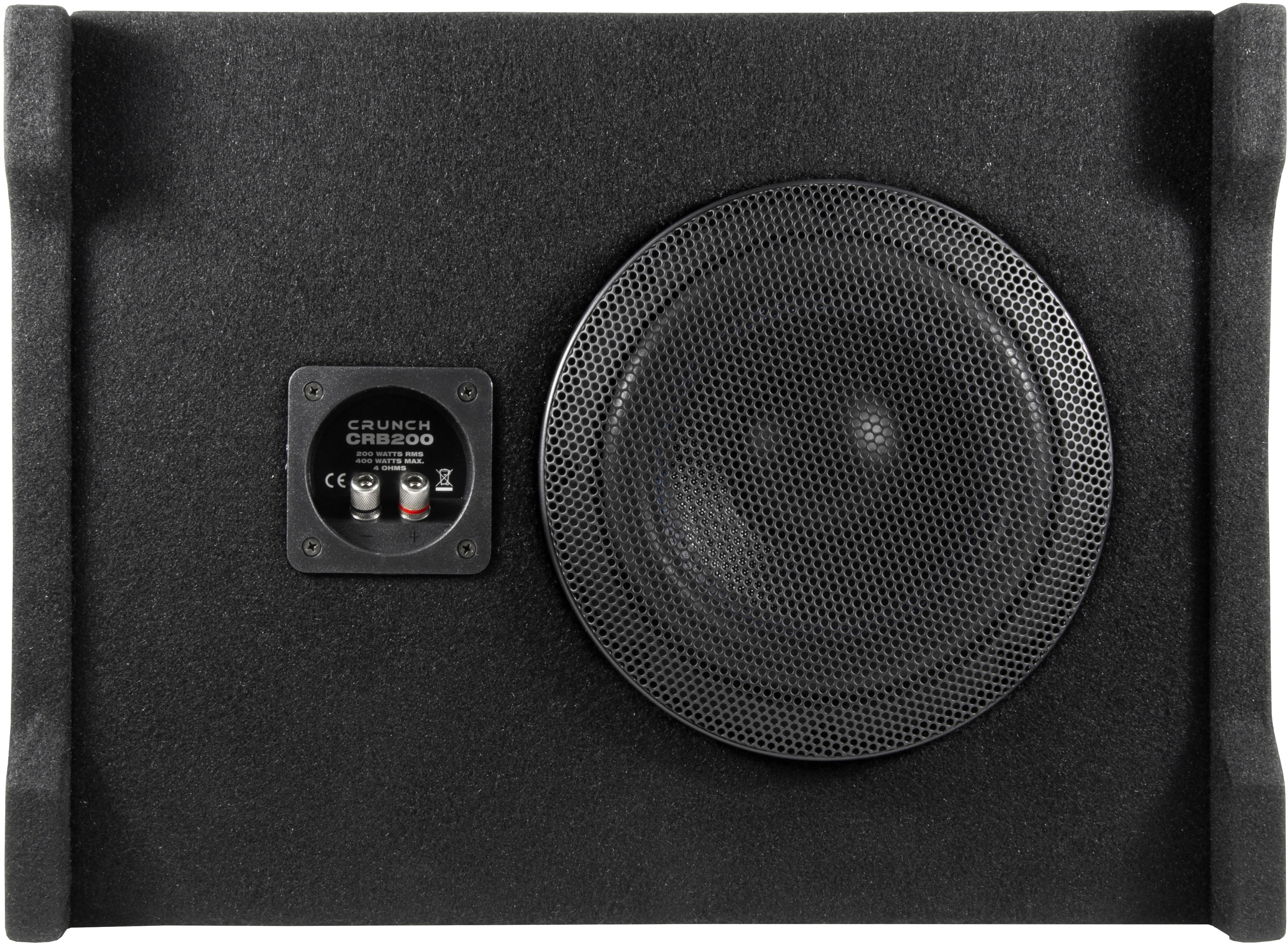 Schwarzer Subwoofer. Ein Lautsprecher und ein Klemmenfeld mit Crunch-Logo sind sichtbar.