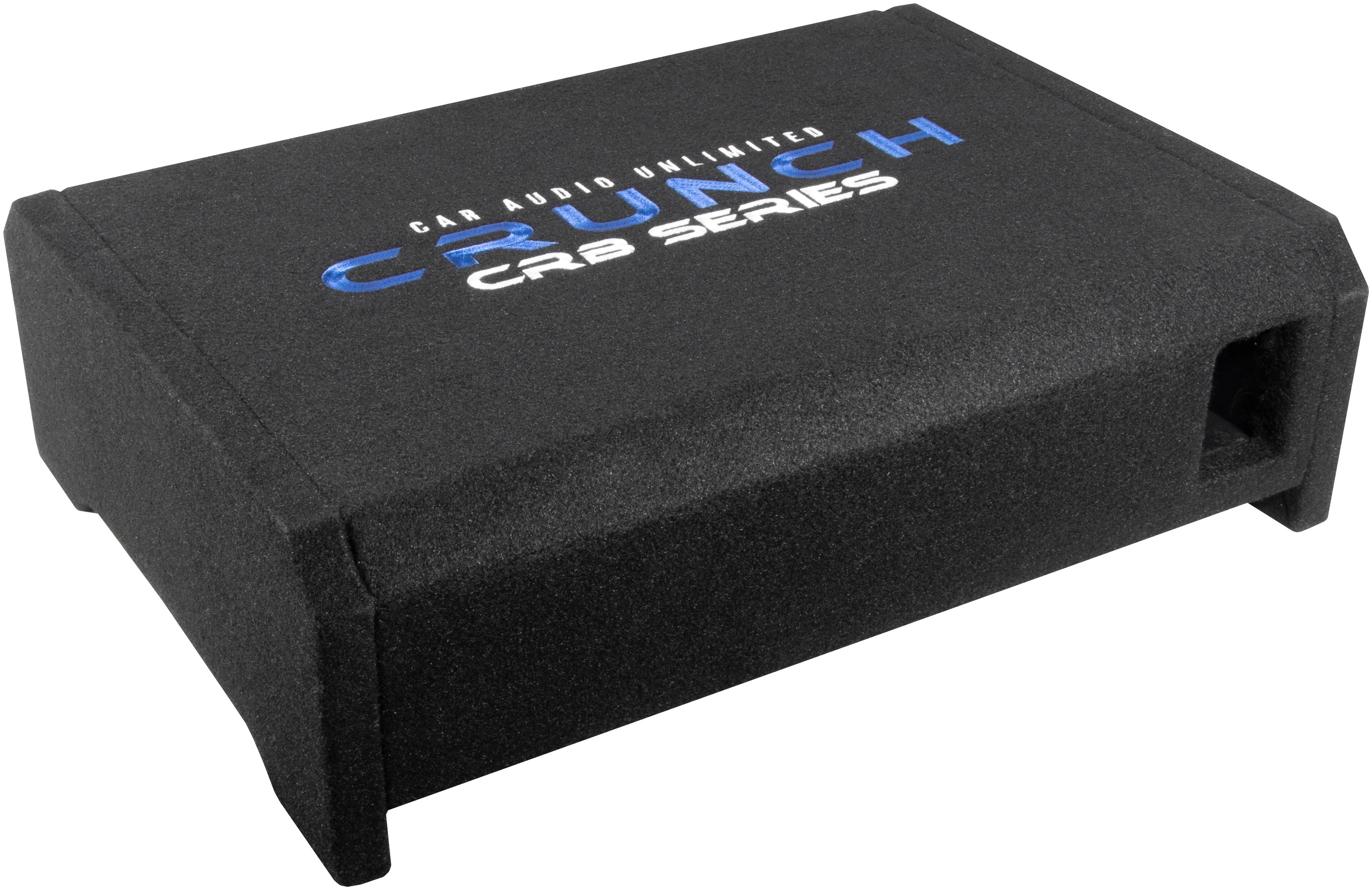 Schwarzer Crunch CRB-Serie-Auto-Subwoofer. Er ist rechteckig mit einem Logo auf der Vorderseite.