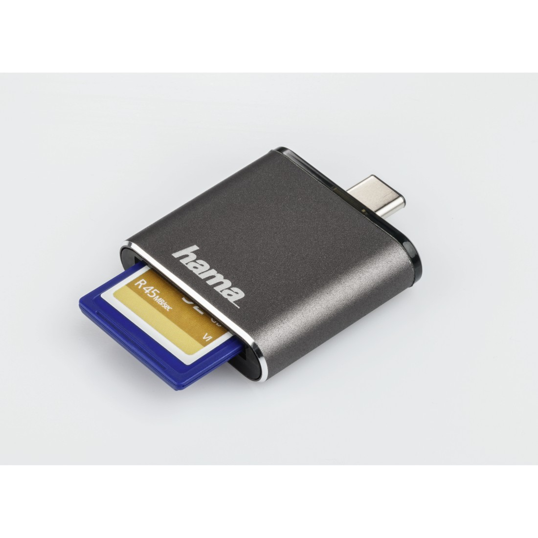 Gray card reader with a blue SD card inserted, on a white surface.