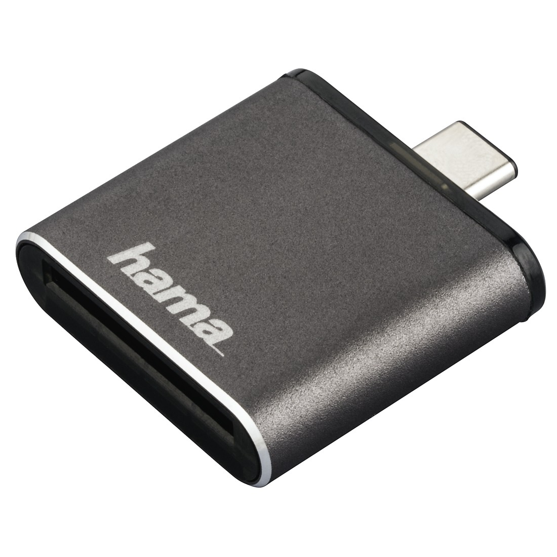 A grey Hama card reader with a USB-C connector. The logo is on the top of the device.