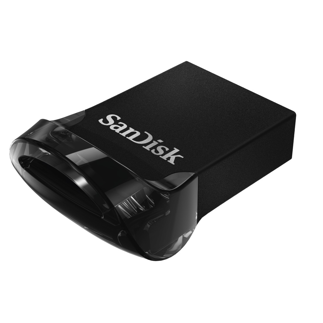 A black and clear SanDisk USB drive with the brand name on the black body.