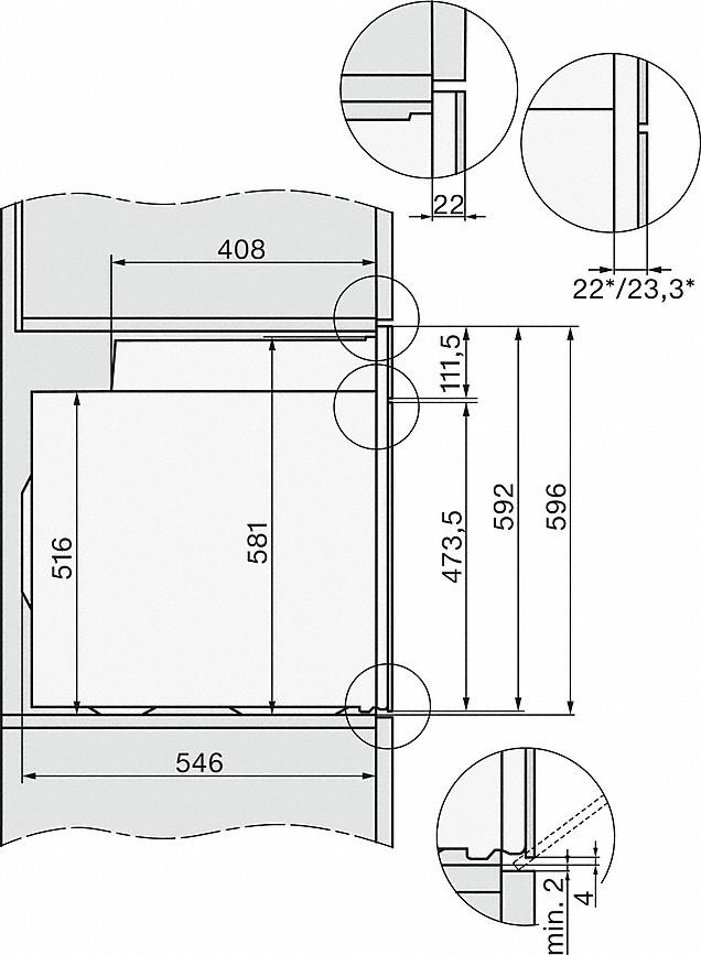 Eine architektonische Zeichnung mit Maßen und Details, die die Seite eines Schranks zeigt.
