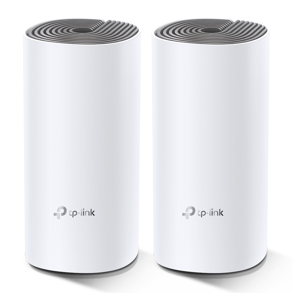 Deux appareils mesh TP-Link cylindriques blancs avec des dessus incurvés et des logos.