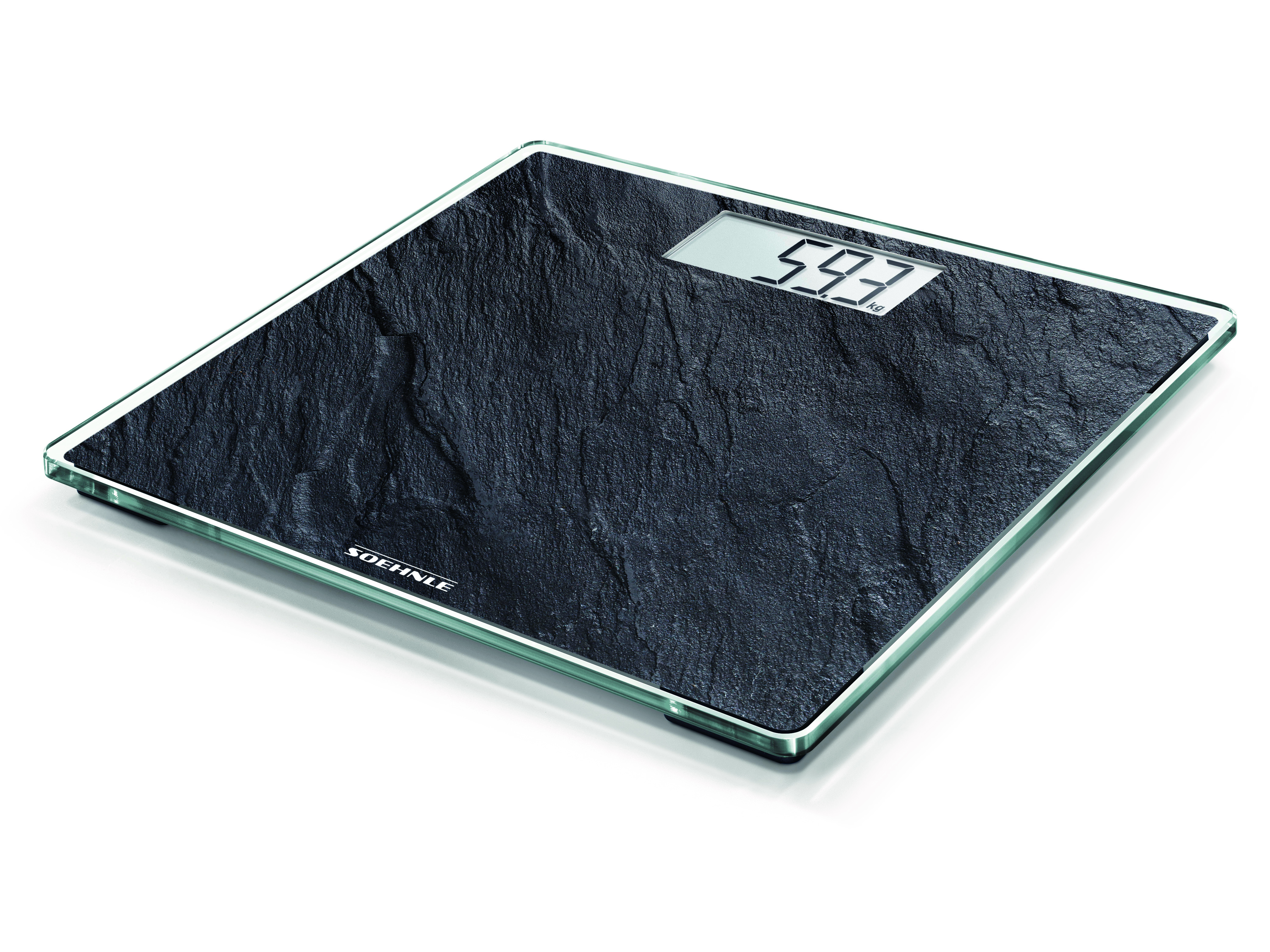 Eine schwarze Waage mit steinartiger Textur zeigt 59,3 kg auf der Digitalanzeige. Der Hintergrund ist weiß.