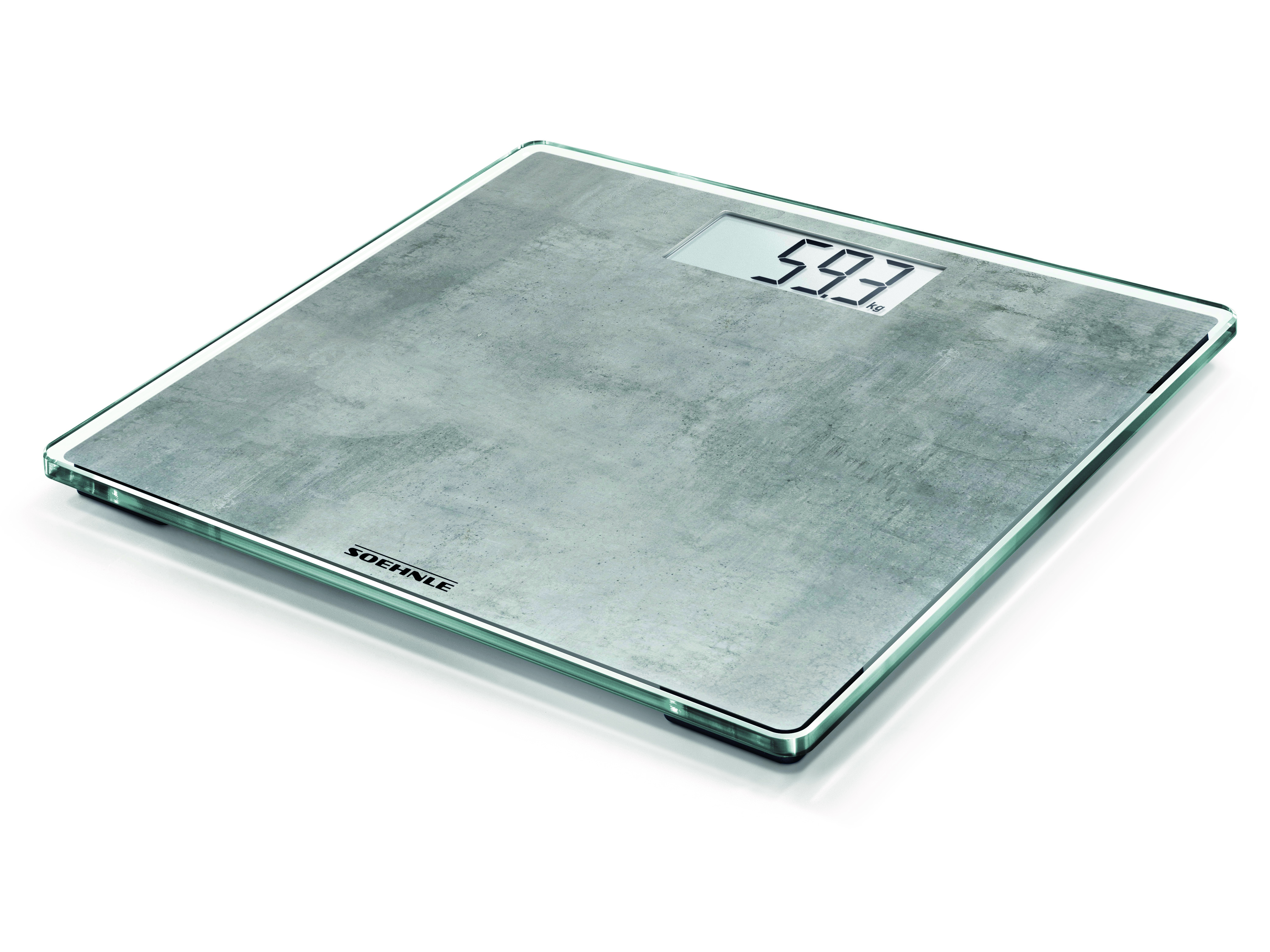 Eine Waage zeigt 59,3 kg an. Die Waage befindet sich auf einer weißen Oberfläche.