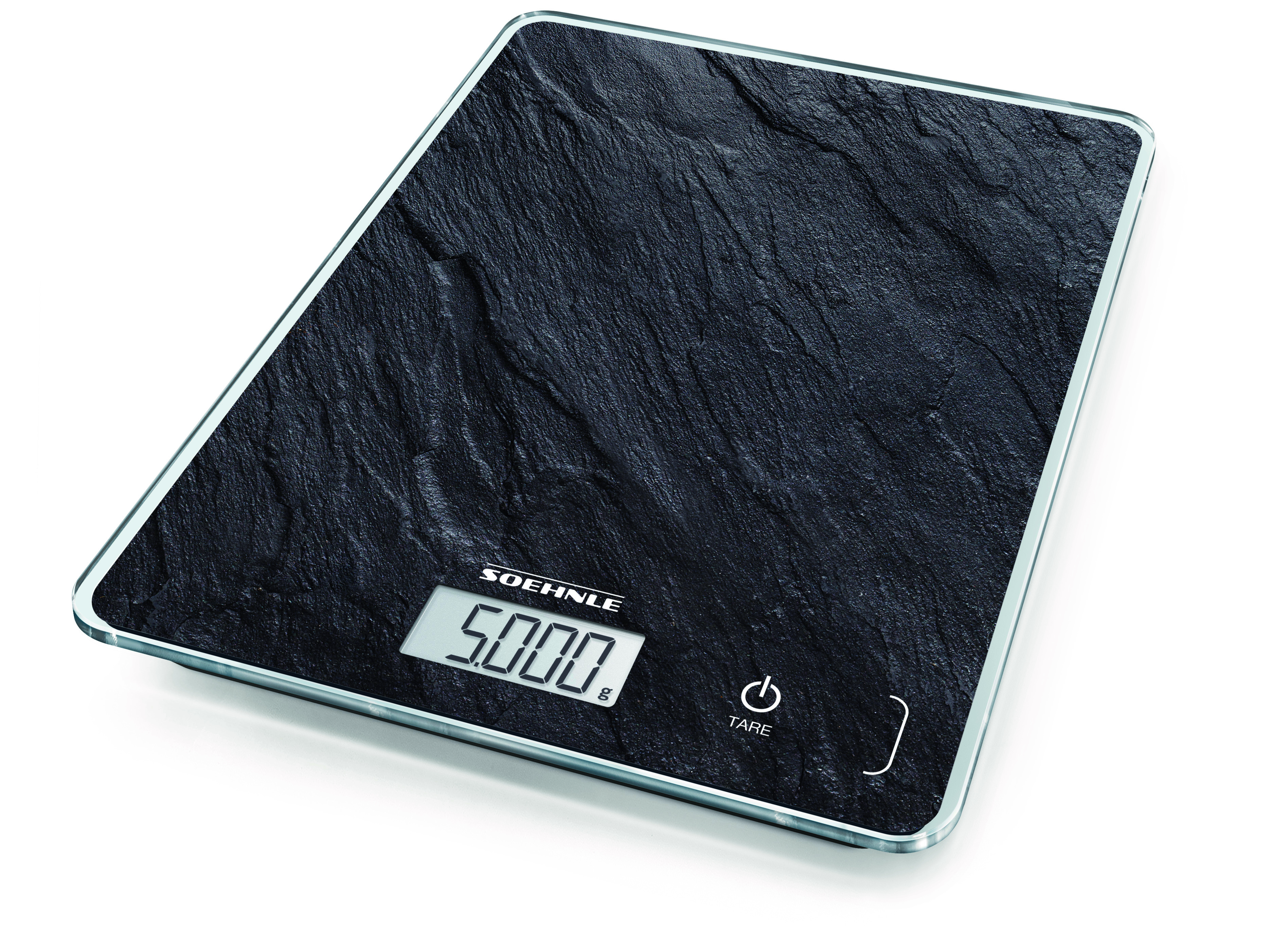 Eine schwarze Waage zeigt 5.000 g an. Die Waage befindet sich auf einer weißen Oberfläche.