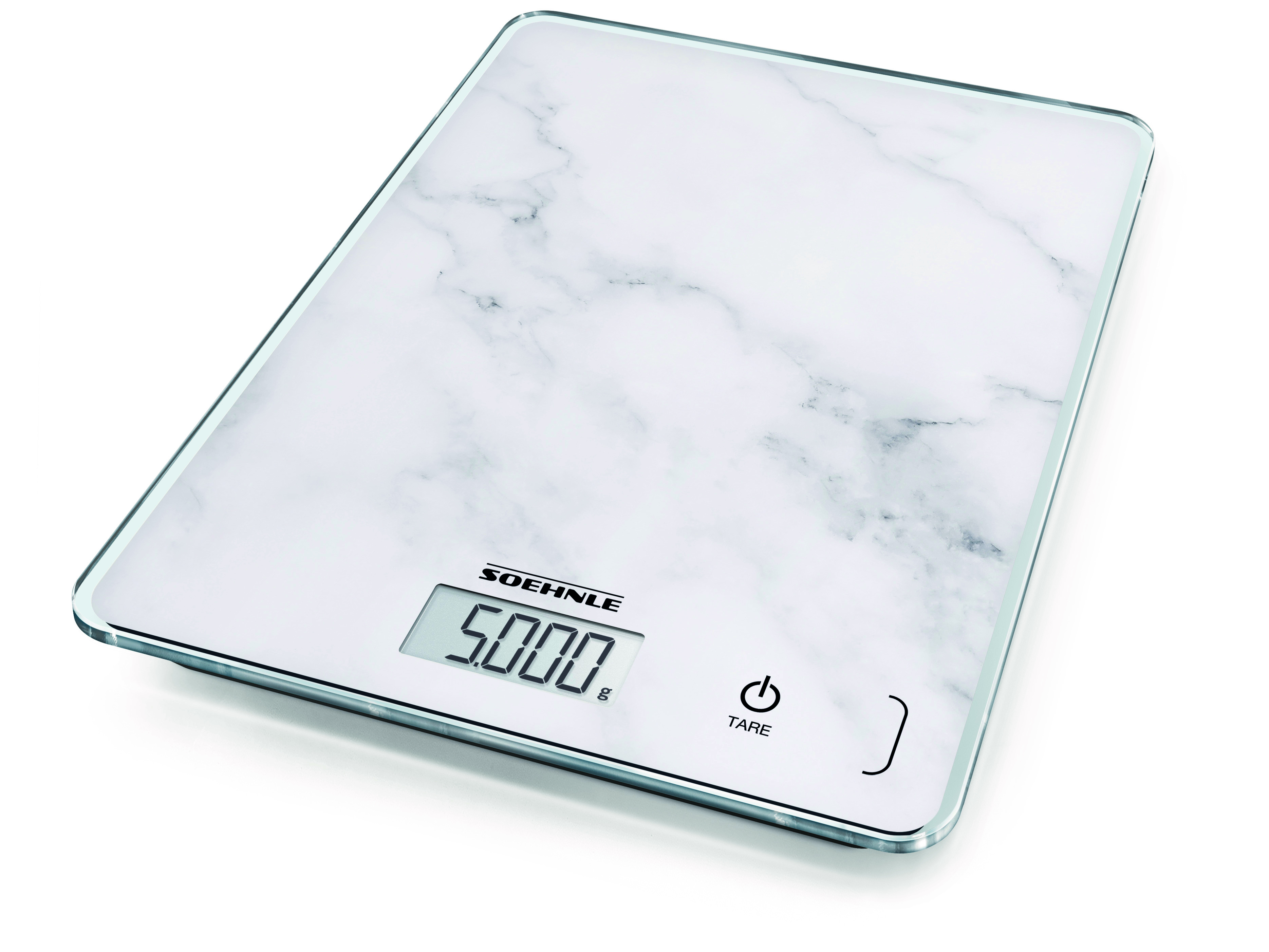 Digitale Küchenwaage mit weißem Marmormuster, Anzeige 5.000 g, auf weißem Untergrund.