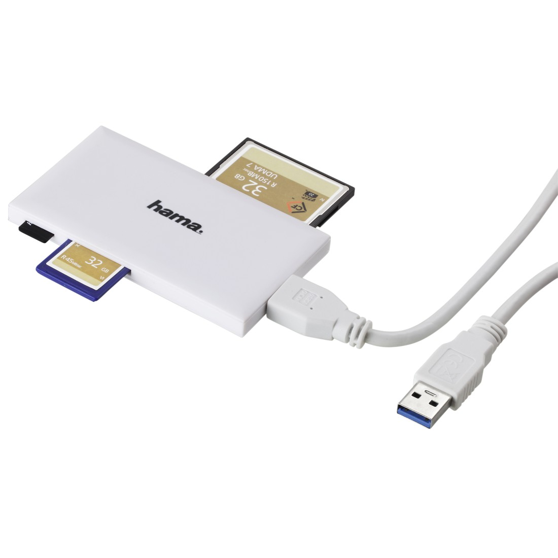 White card reader with two memory cards and a USB cable. The device is on a white surface.