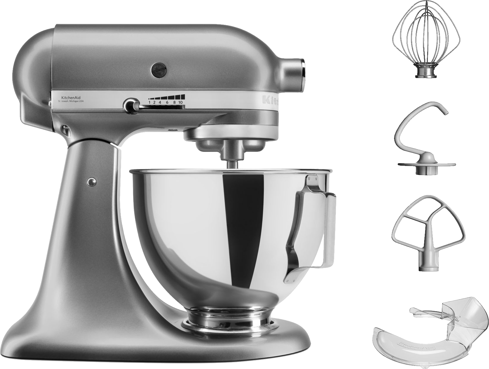 Ezüst KitchenAid robotgép tartozékokkal. Habverőt, dagasztóhorgot és lapátot tartalmaz.