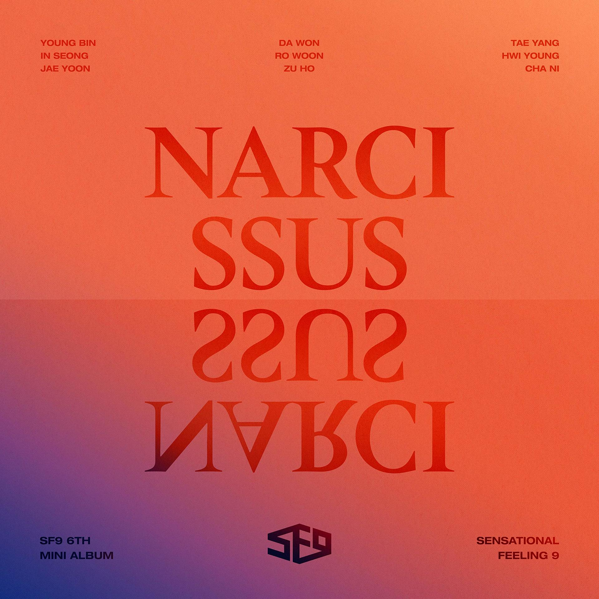 Album borítója a 'Narcissus' szóval nagy betűkkel és az SF9 zenekar nevével egy átmenetes háttéren.