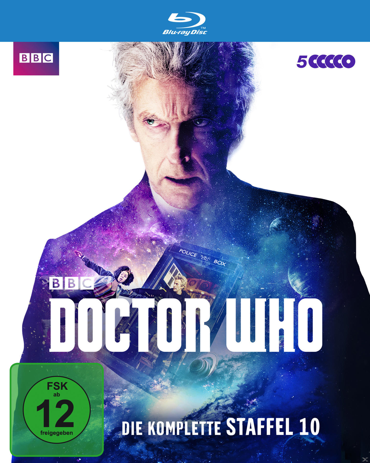 Blu-ray Disc Cover mit Peter Capaldi. Doctor Who, Die Komplette Staffel 10, mit BBC Logo.