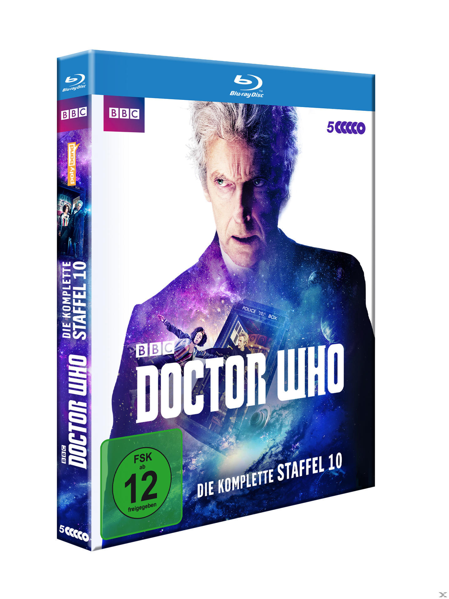 DVD-Cover von 'Doctor Who: Die komplette Staffel 10'. Zeigt den Doktor und die TARDIS in blauem Setting.