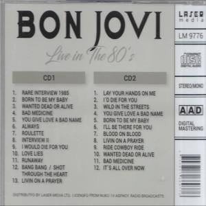 Die Rückseite einer Bon Jovi Live in den 80er Jahren CD. Songlisten befinden sich auf der CD.