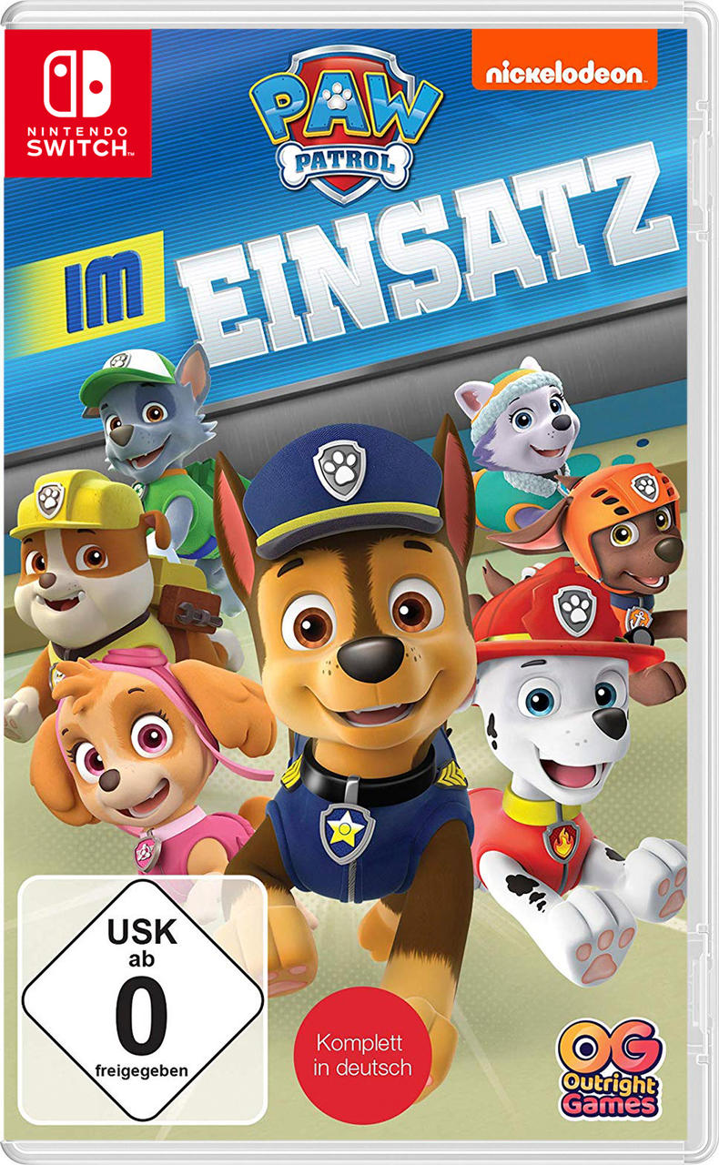 Paw Patrol Videospiel-Cover. Enthält Paw Patrol Charaktere auf blauem Hintergrund.