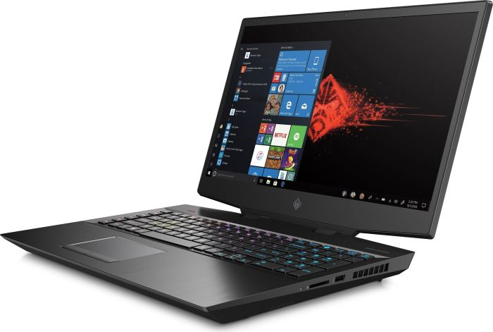 Schwarzer Laptop mit rotem Logo auf dem Bildschirm. Der Bildschirm zeigt Symbole.