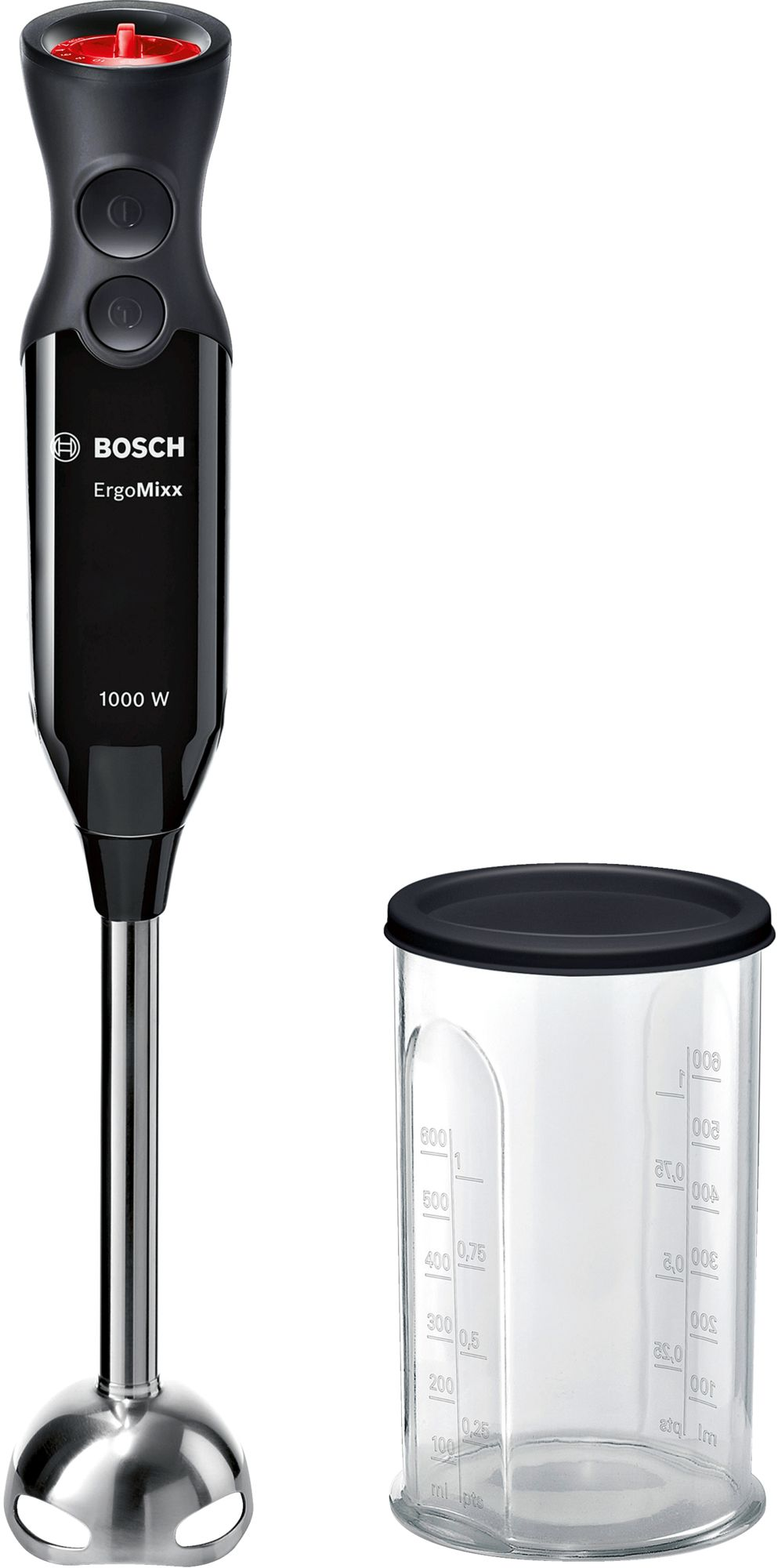 Ein schwarzer Bosch-Handmixer mit einem Mixaufsatz und einem Messbecher.