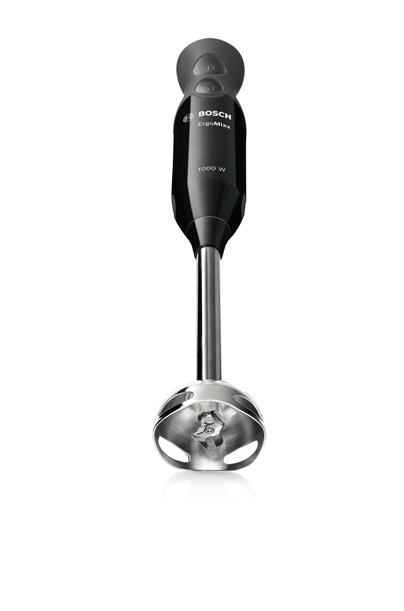 Ein schwarzer Bosch ErgoMix-Handmixer mit 1000 W, isoliert auf Weiß.