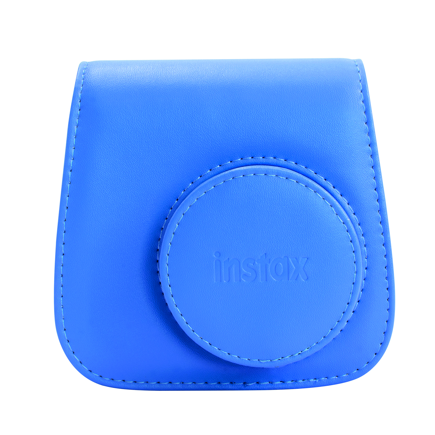 Blaue Instax-Kameratasche mit kreisförmigem Design und 'instax'-Text.