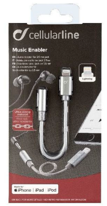 Verpackung für einen Telefonadapter. Er ist silberfarben mit 3,5-mm-Klinke und Lightning-Anschluss.