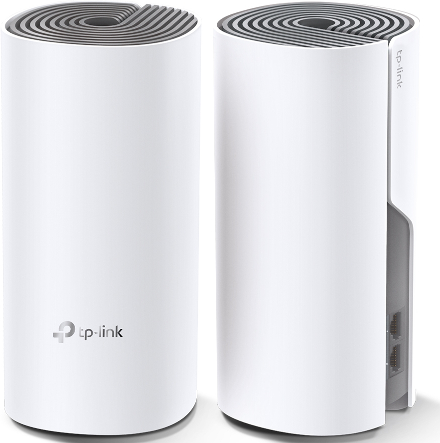 Deux appareils tp-link cylindriques blancs, montrant les vues de dessus et de côté, avec logo et ports.